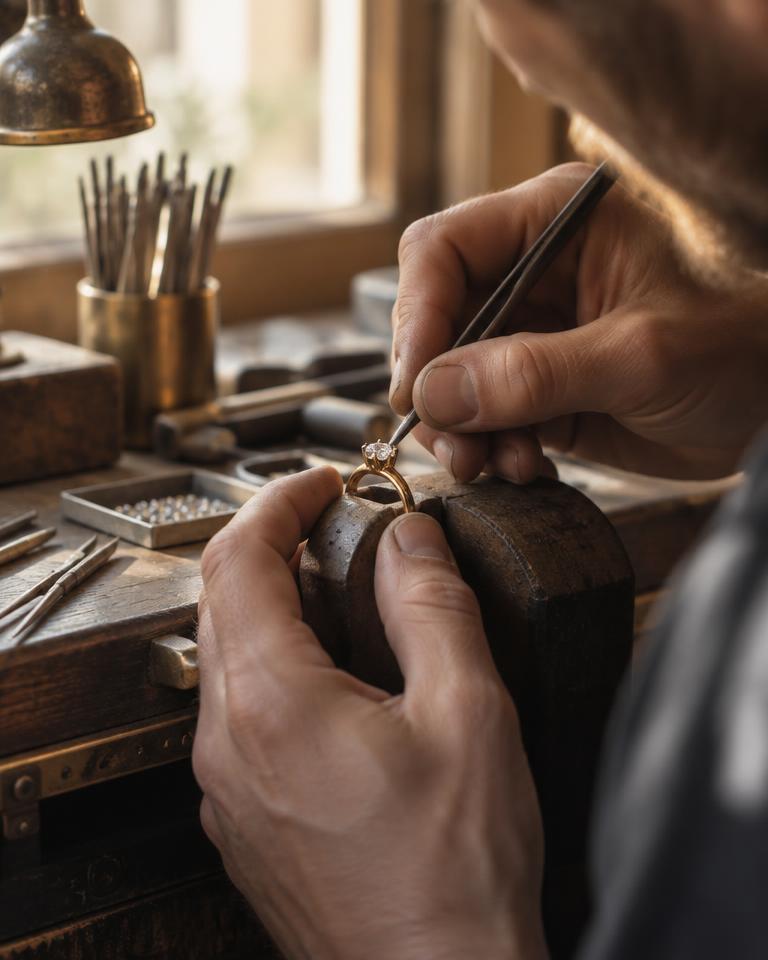 Goldsmith carefully setting a gemstone at a workbench