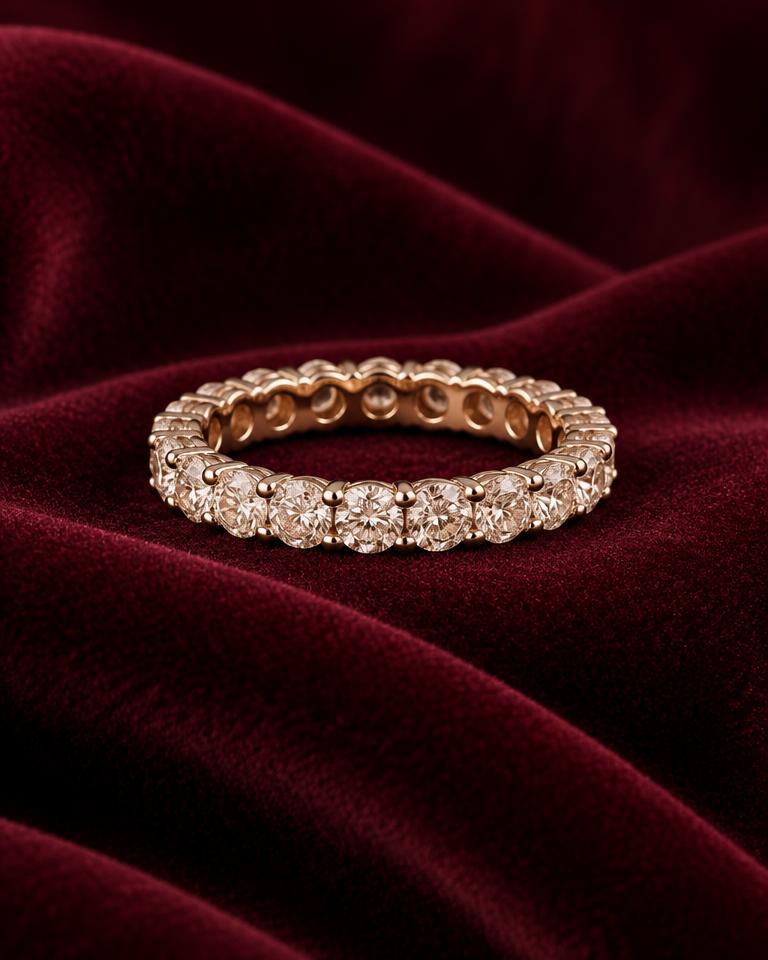Diamond eternity band on wine velvet