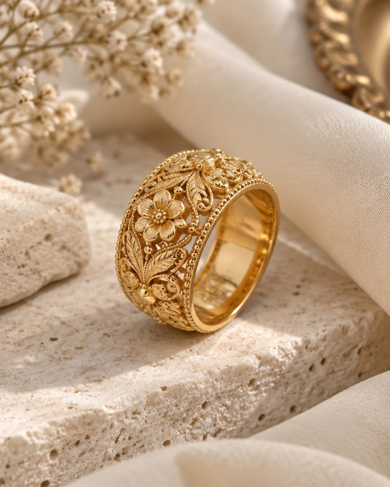 Intricately engraved gold bridal ring