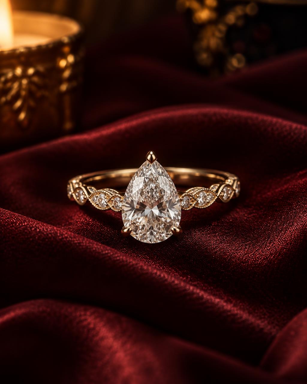Pear-cut diamond engagement ring resting on deep wine silk