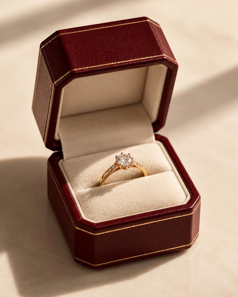 Gold ring in an oxblood presentation box