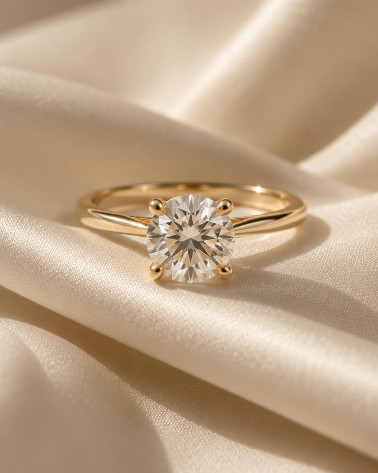 Gold solitaire engagement ring on ivory satin