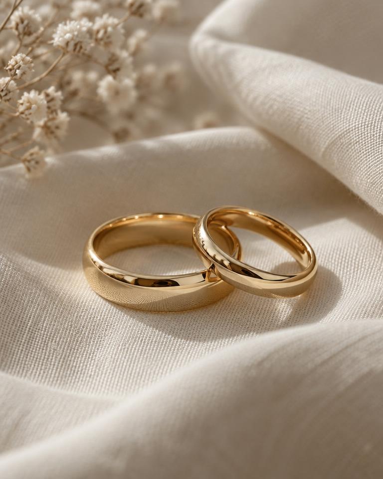 Handcrafted gold wedding bands on ivory linen